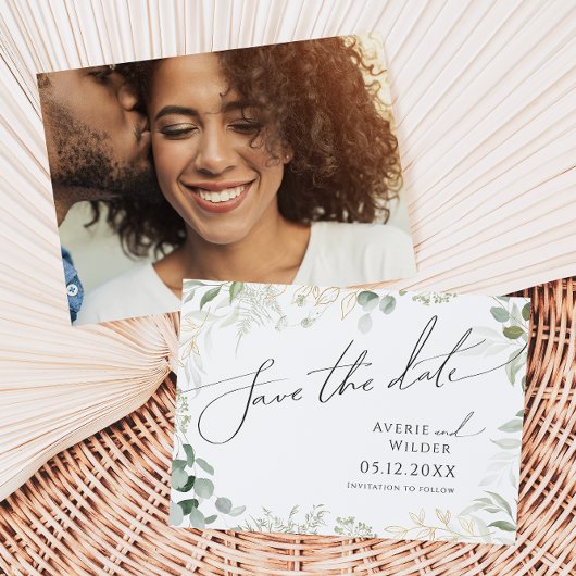 Whimsical Greenery en Gold Horizontal Photo Save The Date