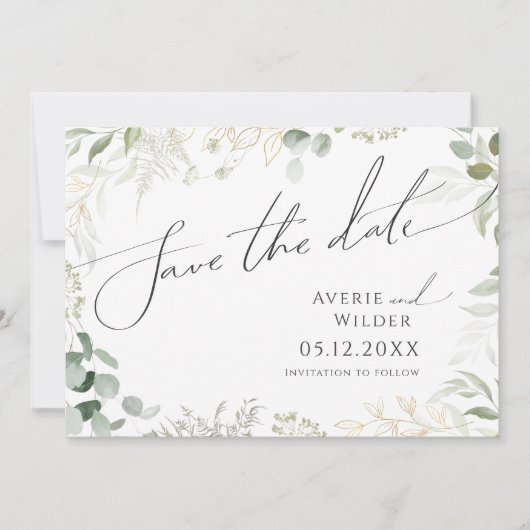 Whimsical Greenery en Gold Horizontal Save The Date (Voorkant)