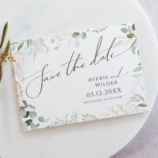Whimsical Greenery en Gold Horizontal Save The Date