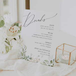 Whimsical Greenery en Gold Menu Drinken bruiloft Reclamebord Met Voetstuk