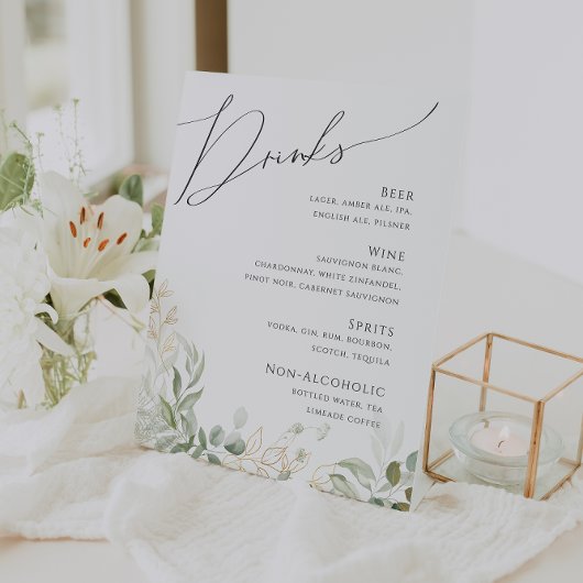 Whimsical Greenery en Gold | Menu Drinken bruiloft Reclamebord Met Voetstuk