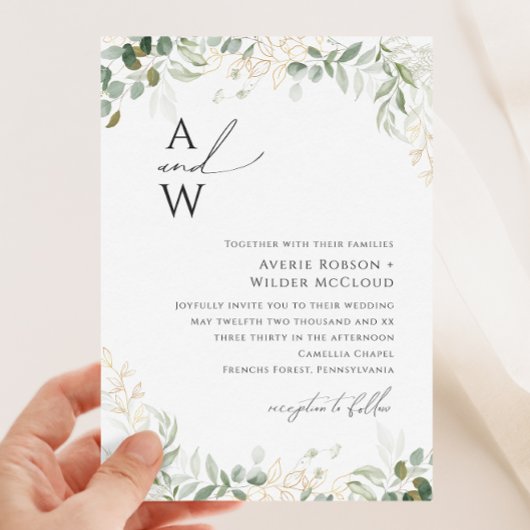 Whimsical Greenery en Gold Monogram Wedding Kaart
