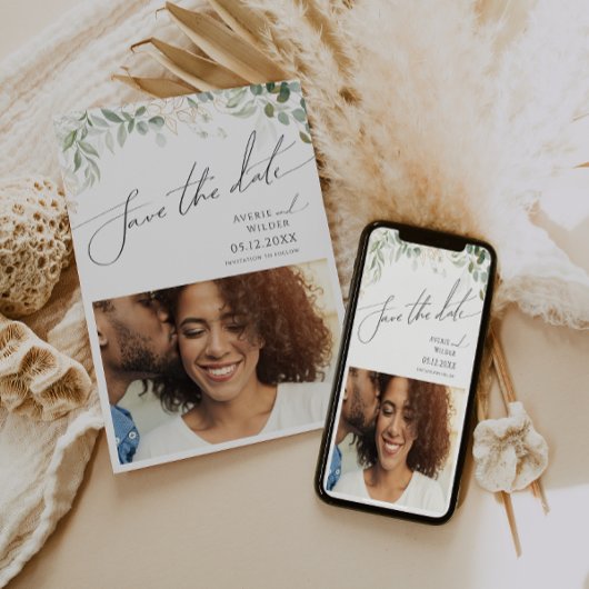 Whimsical Greenery en Gold Photo Save the Date