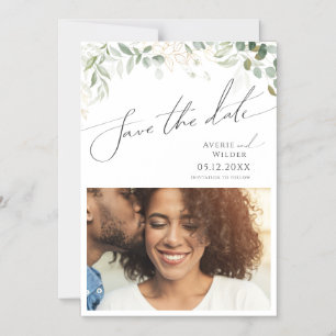 Whimsical Greenery en Gold Save the Date Magnetische Uitnodiging