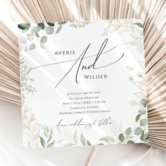 Whimsical Greenery en Gold Square Wedding Kaart