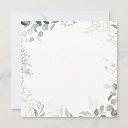 Whimsical Greenery en Gold Square Wedding Kaart (Achterkant)