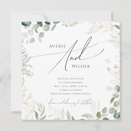 Whimsical Greenery en Gold Square Wedding Kaart (Voorkant)