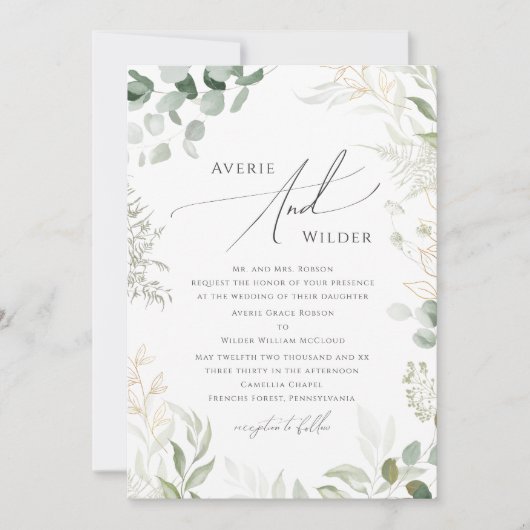 Whimsical Greenery en Gold Traditional Wedding Kaart (Voorkant)