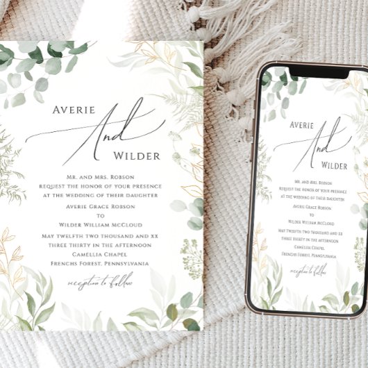 Whimsical Greenery en Gold Traditional Wedding Kaart