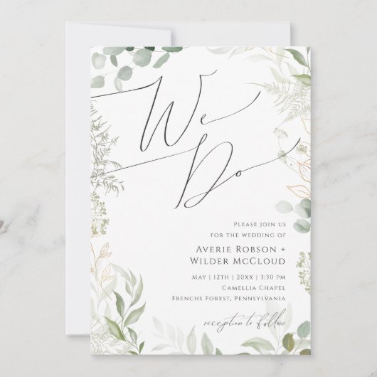 Whimsical Greenery en Gold We Wedding Kaart (Voorkant)