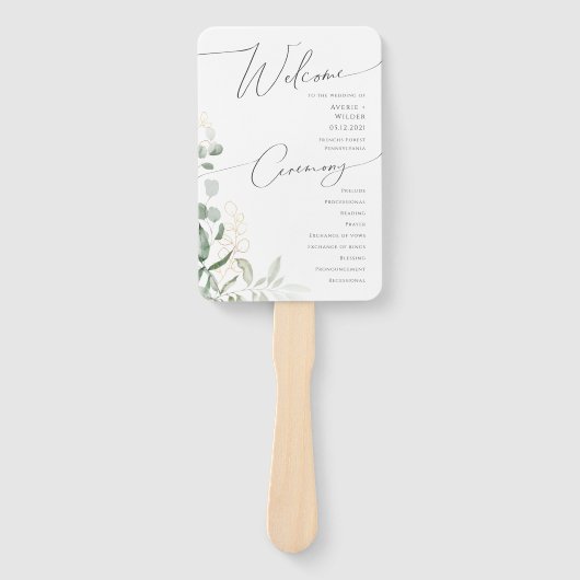 Whimsical Greenery en Gold | Weddenschap-programma Handwaaier (Voorkant)