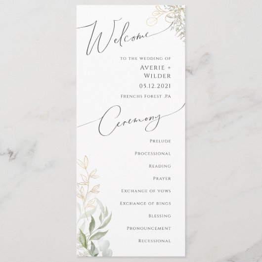 Whimsical Greenery en Gold | Weddenschap-programma Programmakaart (Voorkant)