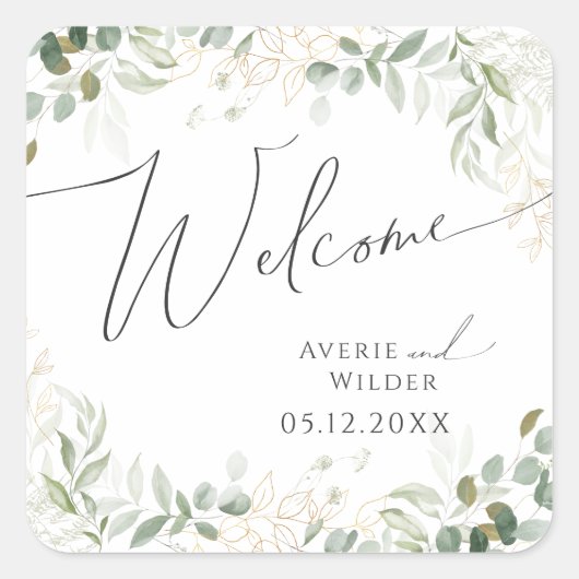 Whimsical Greenery en Gold | Welkom bruiloft Vierkante Sticker (Voorkant)
