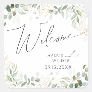 Whimsical Greenery en Gold   Welkom bruiloft Vierkante Sticker