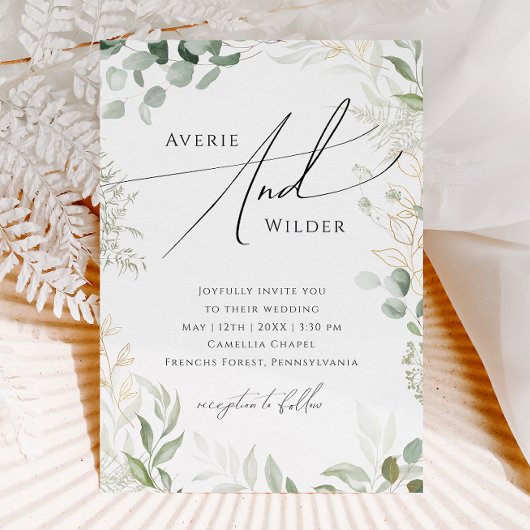 Whimsical Greenery en Gold Wreath Casual Wedding Kaart