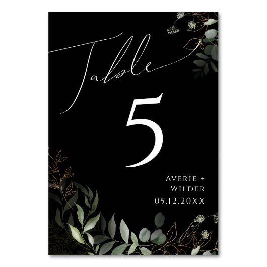 Whimsical Greenery en Gold | Zwart tabelnummer Kaart (Voorkant)