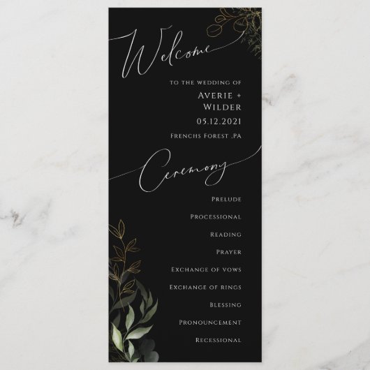 Whimsical Greenery en Gold | Zwarte bruiloft Programmakaart (Voorkant)