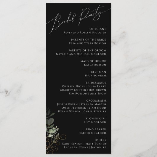 Whimsical Greenery en Gold | Zwarte bruiloft Programmakaart (Achterkant)