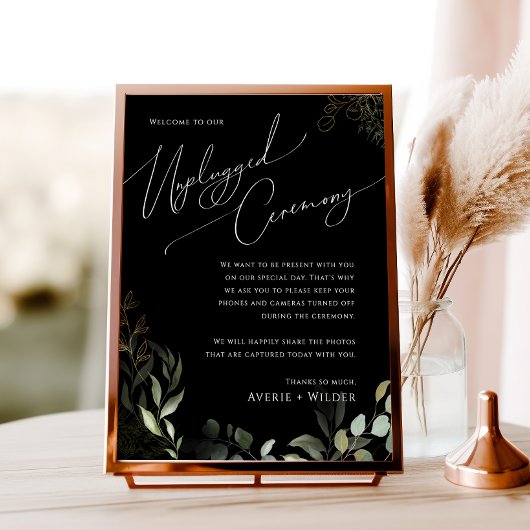 Whimsical Greenery Gold Black Unplugged Ceremony Poster