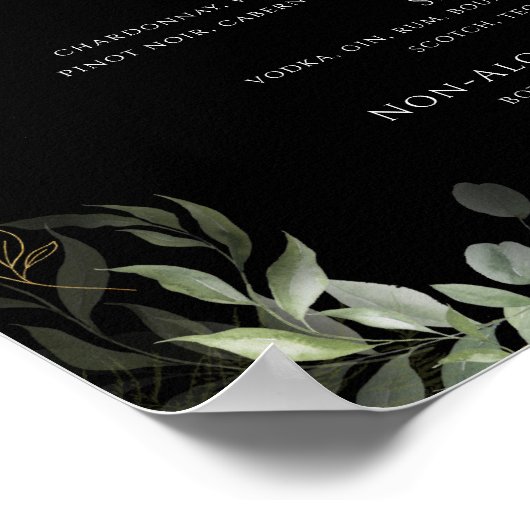 Whimsical Greenery Gold Black Wedding Drinken Menu Poster (Hoek)
