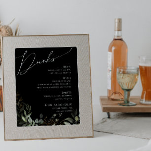 Whimsical Greenery Gold Black Wedding Drinken Menu Poster