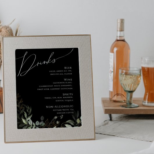 Whimsical Greenery Gold Black Wedding Drinken Menu Poster