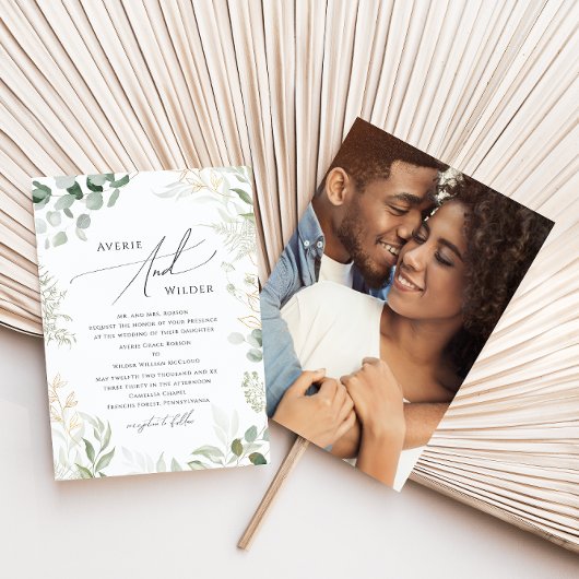 Whimsical Greenery Gold Photo Traditional Wedding Kaart