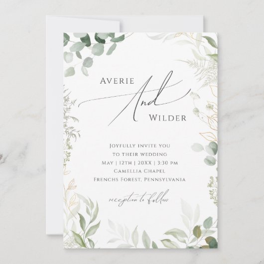 Whimsical Greenery Gold QR Code All in One Wedding Kaart (Voorkant)