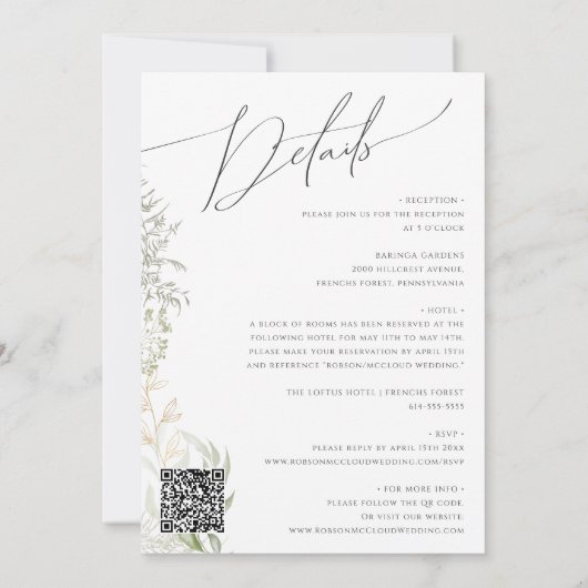 Whimsical Greenery Gold QR Code All in One Wedding Kaart (Achterkant)