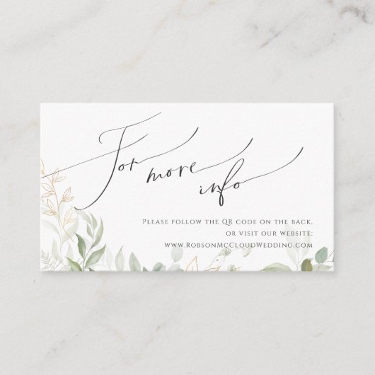 Whimsical Greenery Gold QR Code Wedding Website Informatiekaartje (Voorkant)
