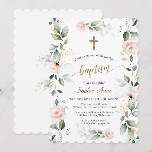 Whimsical Greenery Pink Floral Gold Cross Baptisme Kaart (Voorkant / Achterkant)