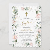 Whimsical Greenery Pink Floral Gold Cross Baptisme Kaart (Voorkant)