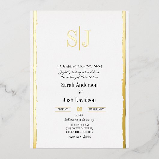 Whimsical Grens Eenvoudig Wit Monogram Bruiloft Folie Uitnodiging (Voorkant)
