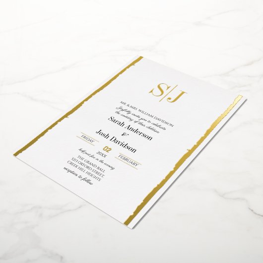 Whimsical Grens Eenvoudig Wit Monogram Bruiloft Folie Uitnodiging (Gedraaid)