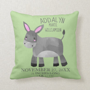 Whimsical Grey Donkey Green Child's Name Birthdate Kussen