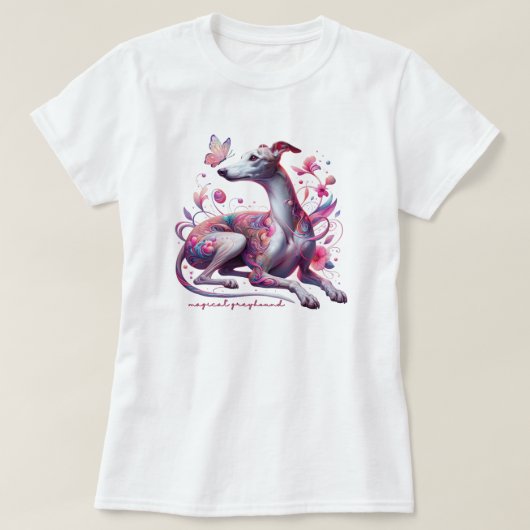 Whimsical Greyhound met bloemen en vlinder T-shirt (Design voorkant)