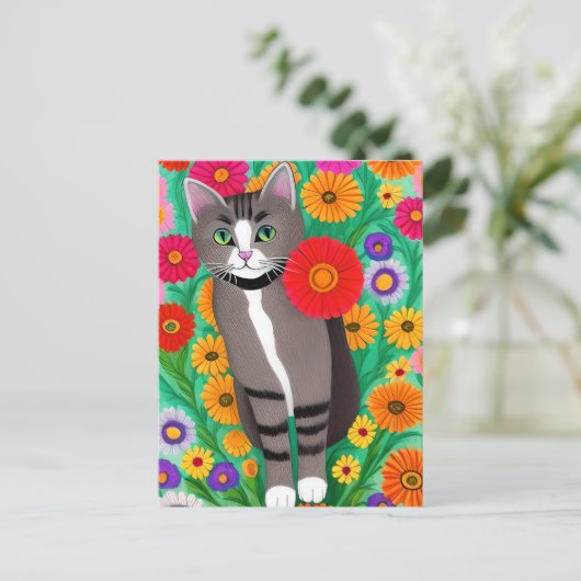 Whimsical Grijs en Witte Katten en Rode Bloem Briefkaart (Staand voorkant)
