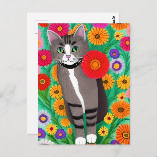 Whimsical Grijs en Witte Katten en Rode Bloem Briefkaart (Voorkant / Achterkant)