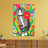 Whimsical Grijs en Witte Katten en Rode Bloem Canvas Afdruk (Insitu (Woonkamer))