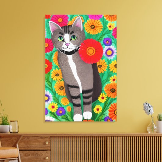 Whimsical Grijs en Witte Katten en Rode Bloem Canvas Afdruk (Insitu (Woonkamer))