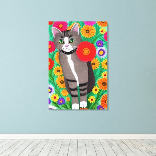 Whimsical Grijs en Witte Katten en Rode Bloem Canvas Afdruk (Insitu (Houten vloer))