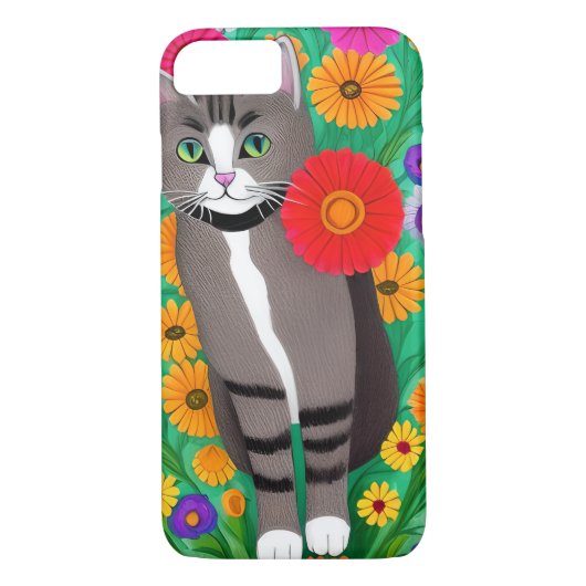 Whimsical Grijs en Witte Katten en Rode Bloem Case-Mate iPhone Case (Achterkant)