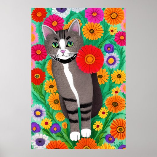 Whimsical Grijs en Witte Katten en Rode Bloem Poster (Voorkant)