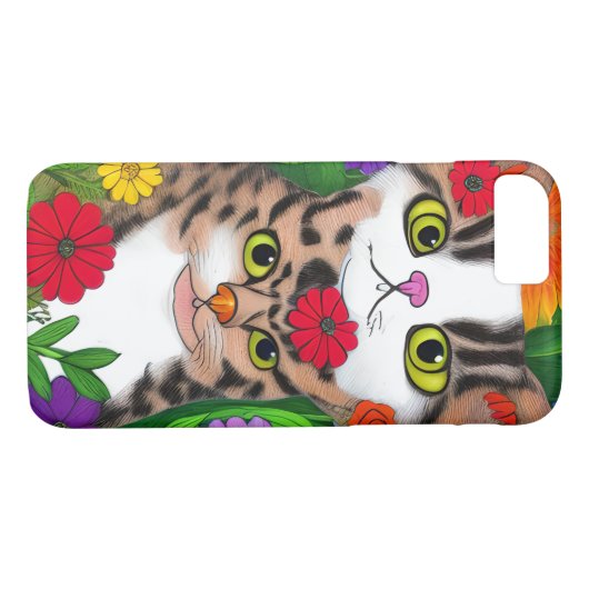 Whimsical grijze en witte katten | Kleurrijke bloe Case-Mate iPhone Case (Achterkant (Horizontaal))
