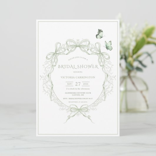 Whimsical Groen Vintage Strikken Bruiloftsborrel Kaart (Staand voorkant)