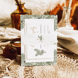 Whimsical Groene en Gouden Pine Cone Bruiloft Uitnodigingen Wikkel