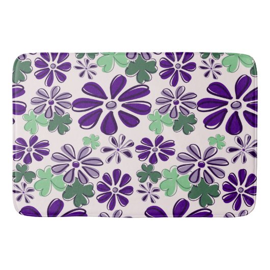 Whimsical Groene en Paarse Klaver & Flower Doodle Badmat (Voorkant)