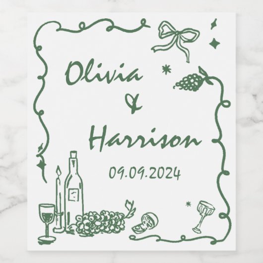 Whimsical Groene Hand Getrokken Bruiloft Wijn Etiket (Enkel label)