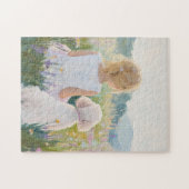Whimsical Groot Millennial Meisje en Hond Kunstpri Legpuzzel (Horizontaal)