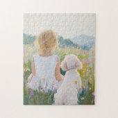 Whimsical Groot Millennial Meisje en Hond Kunstpri Legpuzzel (Verticaal)
